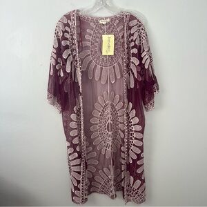 Rebellion Dusty Mauve Lace Kimono Cardigan with Cream Embroidery